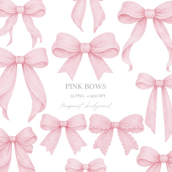 Clipart de laços em aquarela rosa blush – Conjunto de PNGs de fitas Coquette (Download digital)