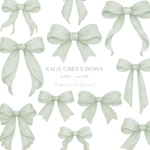 Imágenes prediseñadas de lazos de acuarela verde salvia – Conjunto PNG de cinta coqueta (descarga digital)