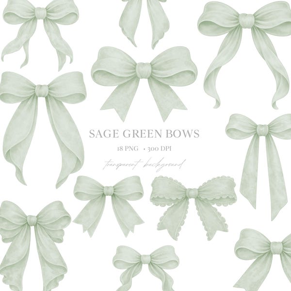 Clipart de laços em aquarela verde sálvia – Conjunto de PNGs de fitas Coquette (Download digital)