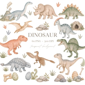 Pode incluir: Uma coleção de ilustrações em aquarela de dinossauros, incluindo um saurópode de pescoço longo, triceratops, estegossauro, pterodáctilo, T-Rex, espinossauro e anquilossauro, junto com ovos, rochas e plantas. Texto: DINOSAUR 60 PNG 300 DPI.