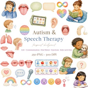 May include: A collection of watercolour illustrations for autism and speech therapy, featuring children with headphones, tablets, and books, alongside symbols for oral motor exercises, emotions, communication boards, hearts, and infinity signs.