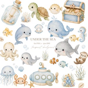 Può includere: Illustrazione ad acquerello di varie creature marine, tra cui una tartaruga, una balena e uno squalo. Sono presenti anche un forziere, un sottomarino e un messaggio in bottiglia. Il testo "UNDER THE SEA" è visibile.