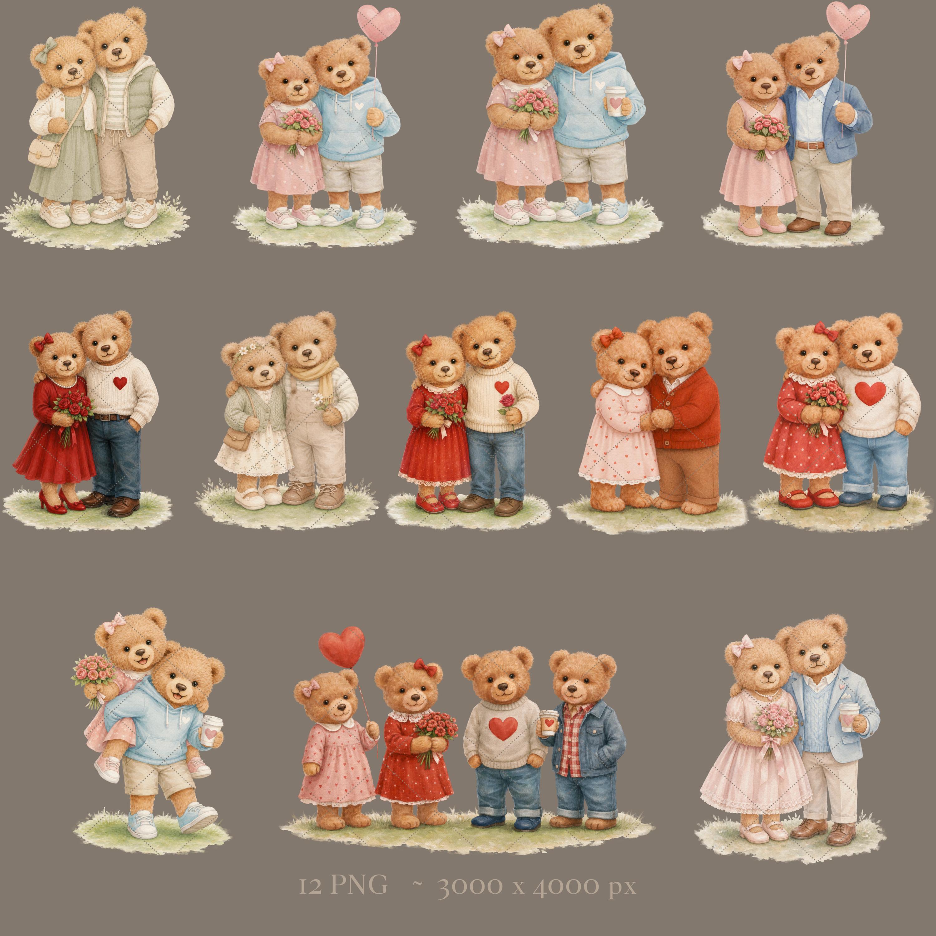 Teddy Bear Valentine Clipart PNG, Watercolor Bear Couple Bundle, Cute ...