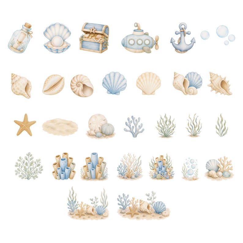 Underwater watercolor illustrations with dolphin submarine coral and sea creatures