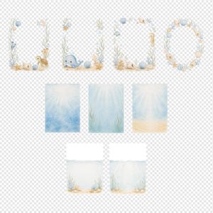 Ocean animals watercolor PNG set featuring nautical nursery graphics and seashells