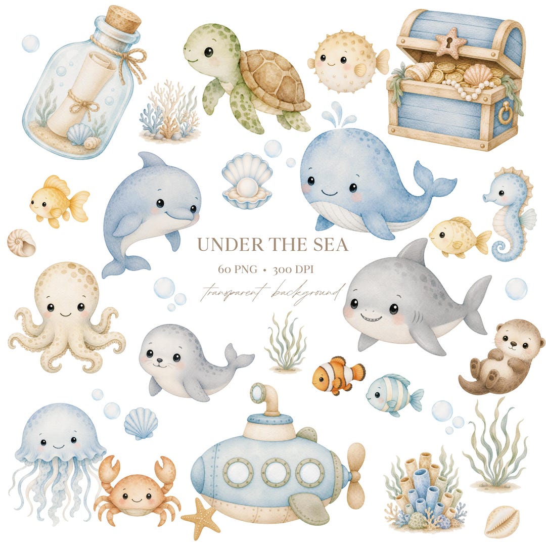 Under the Sea Watercolor Clipart Bundle, Ocean Animals PNG, Nautical Nursery Graphics