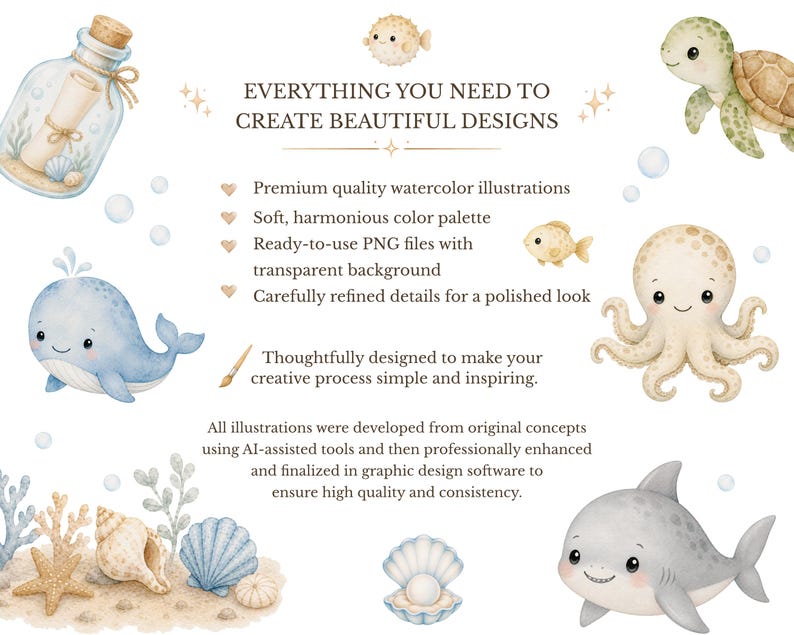 Cute baby ocean clipart set with underwater plants seashells and bubbles