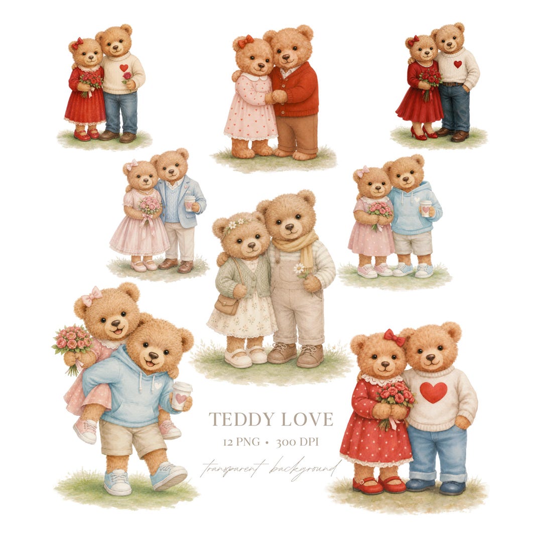 Teddy Bear Valentine Clipart PNG, Watercolor Bear Couple Bundle, Cute ...