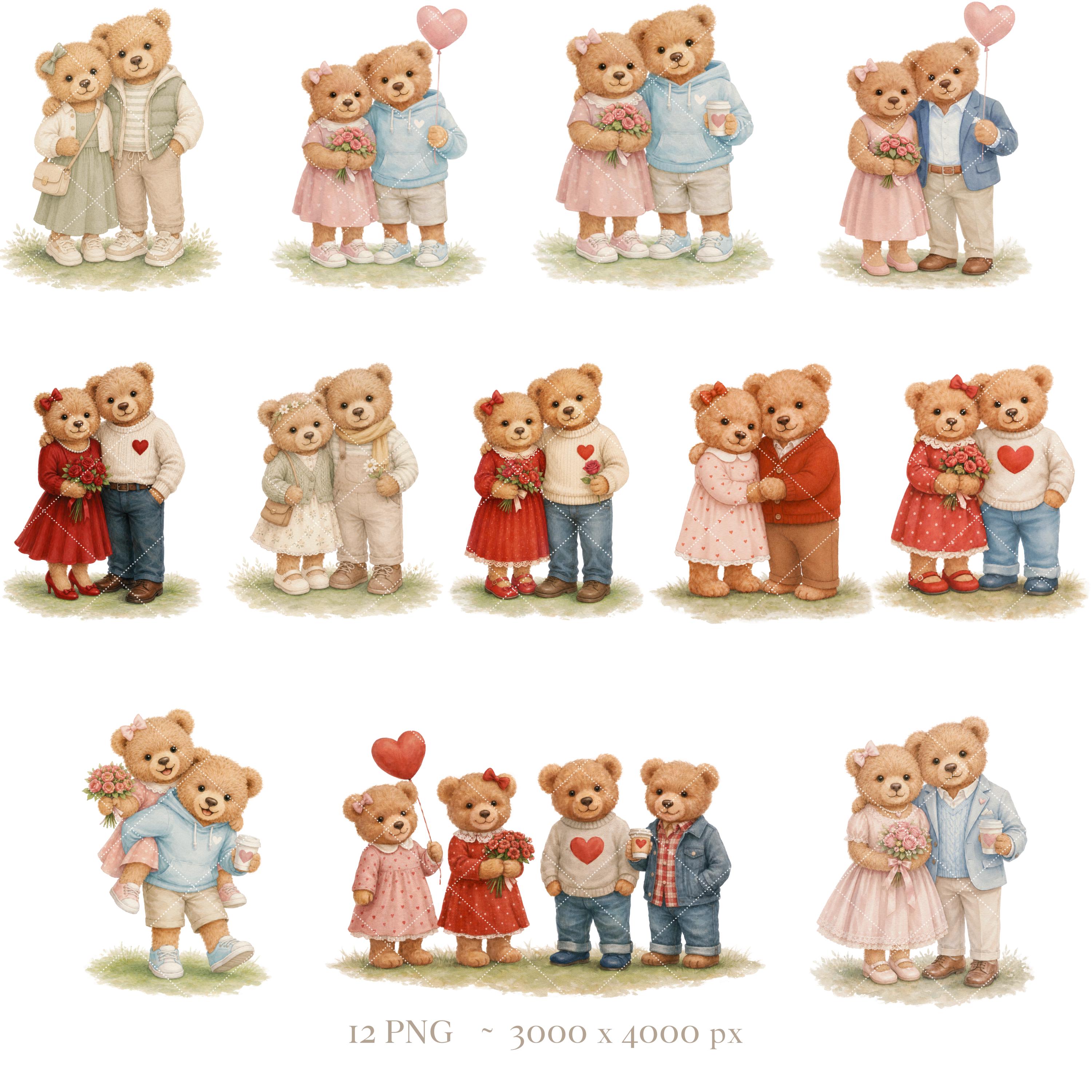 Teddy Bear Valentine Clipart PNG, Watercolor Bear Couple Bundle, Cute ...