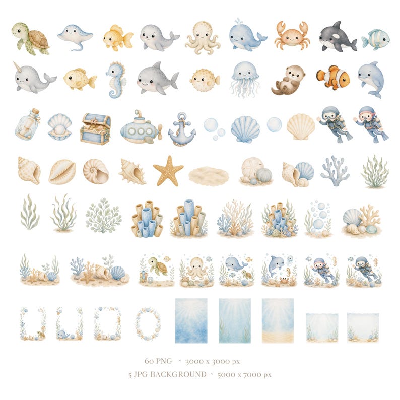 Nautical nursery clipart bundle with pastel sea animals and underwater backgrounds