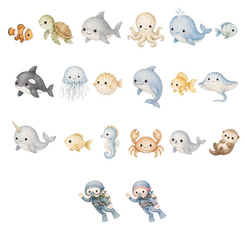 Ocean animals watercolor PNG set featuring nautical nursery graphics and seashells