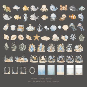 Watercolor ocean animal PNG graphics including whale shark turtle and octopus