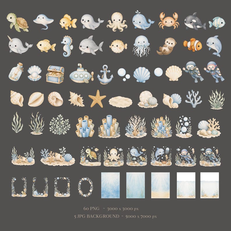 Watercolor ocean animal PNG graphics including whale shark turtle and octopus