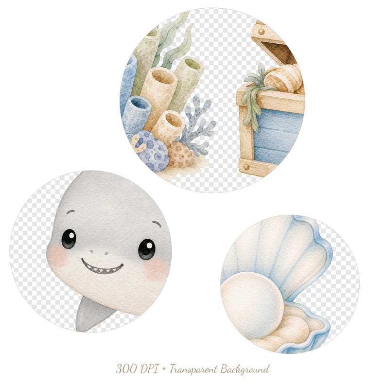 Cute baby ocean clipart set with underwater plants seashells and bubbles
