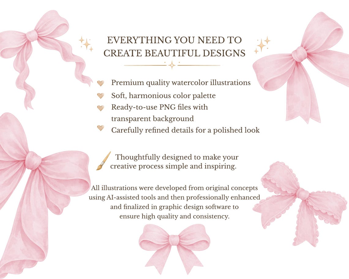 Blush Pink Watercolor Bows Clipart – Coquette Ribbon PNG Set (digital ...