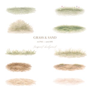 May include: Watercolor illustrations of grass and sand patches in various shapes and sizes. The image includes text that reads "GRASS & SAND", "10 PNG", "300 DPI", and "transparent background". The color palette is soft, with muted greens, browns, and tans.