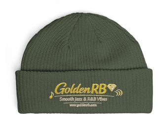 Gorro de punto bordado con el logo dorado de RB