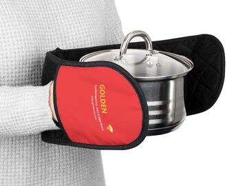 Guantes de cocina GoldenRB inspirados en el jazz, resistentes al calor, color negro, dorado y rojo.