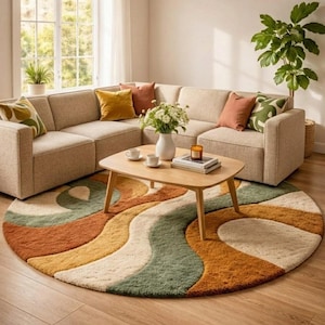 Abstract rond wollen vloerkleed: groen, roest, beige handgetuft tapijt uit het midden van de eeuw