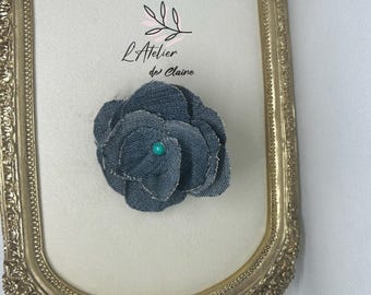 Upcycled Denim and Turquoise Handmade Flower Pin Brooch