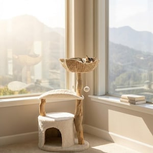 Op de afbeelding: Een kattenboom met een geweven mandbed bovenaan, een met pluche bedekte basis en een gebogen zitstok. De kattenboom is gemaakt van natuurlijk hout en touw, met een kat die in de mand slaapt. Een witte bal hangt eraan.