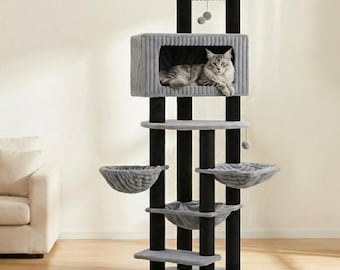 Big Cat Tree - Solid Wood Large Cat Tree Tower 84 Inch, Multi-Level Cat Playground with 2 Condos, Hammocks, Sisal Scratching Posts, Perch