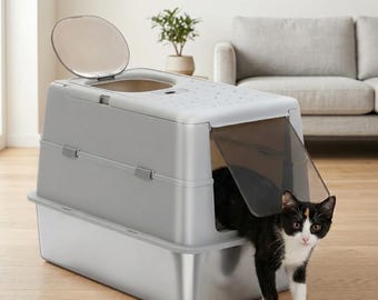 Large Cat Litter Box - Stainless Steel Litter Box Enclosure with Scoop, Covered Litter Box, High Sides, Dual Entry for Big Indoor Cats, XL