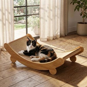 May include: A wooden cat bed with a woven sisal mat, designed in a curved, rocking shape. A calico cat with black, brown, and white fur is resting on the bed. The bed is on a hardwood floor, near a window with sheer curtains.