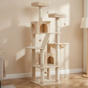 May include: Beige cat tree with multiple levels, including platforms, a hammock, and a ramp. The cat tree has a square base and a series of posts wrapped in a textured material. Dangling toys are attached to the platforms.