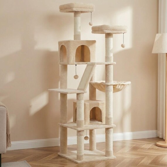 Large Cat Tree Tower 70.9" - Cat Playground with Plush Condos, Hammock, Perches & Sisal Scratching Posts, Solid Wood Cat Tree, Cat Climbing