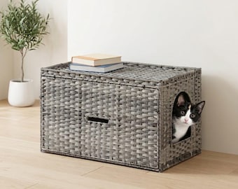 Arenero oculto - Mueble de ratán para arenero de gatos con puerta, armario para arenero de gatos, casa para gatos con control de olores, caja de aseo para gatos,