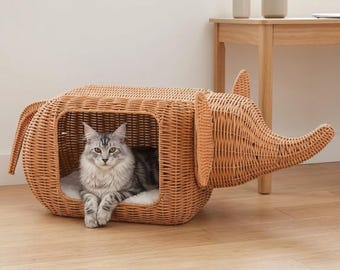 Wicker Pet Bed - Elephant Rattan Cat House Indoor, Handwoven Cat Condo, Boho Cat Bed, Cat Basket, Cat Cave, Cozy Cat Nest, Large Cat Bed