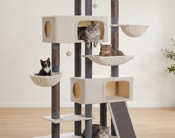 Tall Cat Tree Tower - Big Solid Wood Cat Climbing Tree 83 Inch, Sisal Cat Scratch Post, Multi-Level Cat Playground, Cat Condo, Hammock Bed