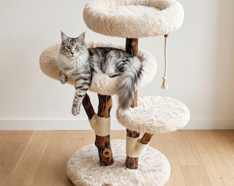 Hochleistungskratzbaum - Maine Coon Massivholz Großer Kratzbaum Turm mit Kunstpelz Sitzstangen, Sisal Katzenkratzbaum, Top Bett, Katzenspielplatz
