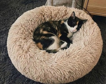 Kalmerende donut kattenmand – pluizige ronde kattenmand, kattennest, gezellig warm kattenbed voor kittens en kleine honden, wasbaar kattenbed