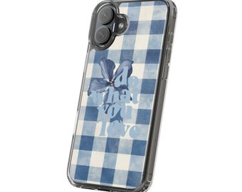 Blauw 'Do What You Love'-telefoonhoesje met gingham-print | Doorzichtige behuizing