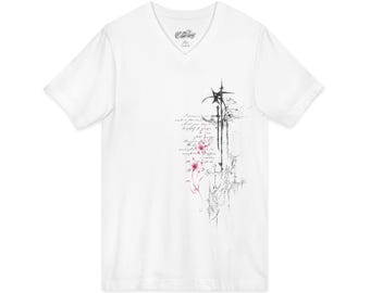 Abstract floral cross sketch V-neck Tee | subtle scripture art