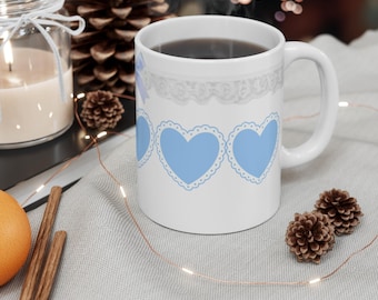 Blue Lace Heart Pattern Mug | Pastel Ribbon Decorative Coffee Cup