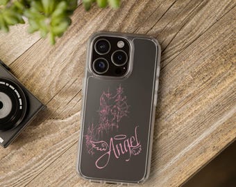 Doorzichtig telefoonhoesje met roze engelenschrift | Beschermend, etherisch grafisch ontwerp