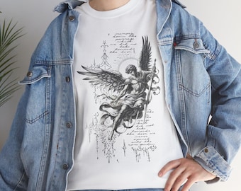 Dark Angel Illustration T-Shirt | Grunge Winged Figure, Halo Sketch