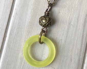 Vaseline Glass Hoop Necklace, Uranium Glass, Recycled Glass, Vintage Glass, Gift for Her, Valentines Gift