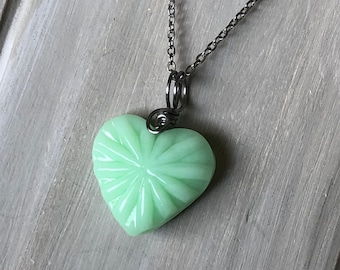 McKee Jadeite Heart Necklace, Jadeite Glass Heart, Recycled Glass, Uranium Glass, Vintage Glass, Gift for Her, Valentines Gift