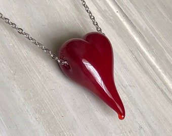 Red Amberina Chunky Heart Necklace, Red Glass Heart, Recycled Glass, Vintage Glass, Gift for Her, Valentines Gift