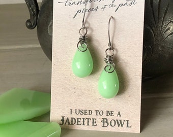 Recycled McKee Jadeite Teardrop Earrings • Uranium Glass Earrings