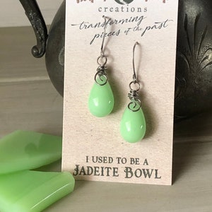 McKee Jadeite Teardrop Earrings, Uranium Glass Earrings, Recycled McKee Jadeite, Vintage Glass, Gift for Her, Recycled Glass