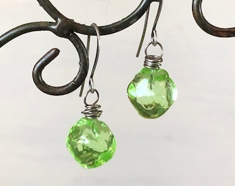 Recycled Green Depression Glass Nugget Earrings • Short Dangles • Uranium Glass