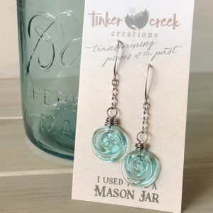 Mason Jar Spiral Earrings, Long Dangles, Recycled Glass, Vintage Glass Earrings, Gift for Her, Blue Glass Earrings