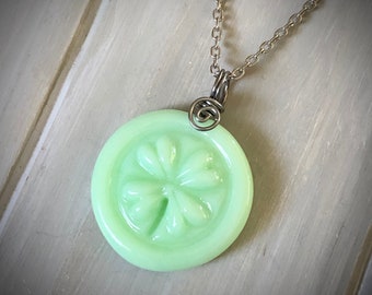 McKee Jadeite Lucky 4-Leaf Clover Necklace, Uranium Glass Necklace, Recycled Glass Jewelry, Gift for Her, St. Patrick's Day Gift