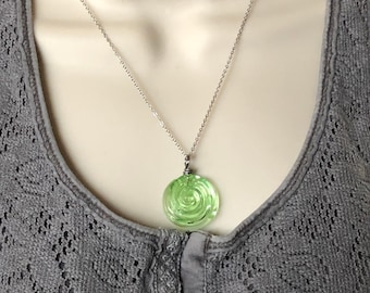 Green Depression Glass Necklace, Uranium Glass Pendant, Recycled Glass, Vintage Glass, Gift for Her