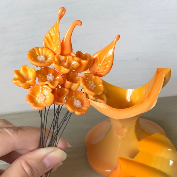 Miniature Orange Bittersweet Glass Flowers, Sold Individually, Recycled L.E. Smith Bittersweet Swung Vase, While Supplies Last!